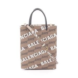 Balenciaga Monogram Handbag Canvas Leather Gray White Black